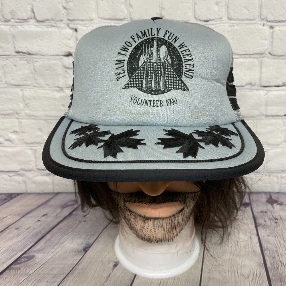 Vintage Trucker Hat Mesh Cap Snapback Gray 3 Stripes Team Two 1990 90s - STAINS